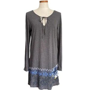 JOHNNY WAS Tunic Dress L Charcoal Gray & Blue Green Floral Embroidery Large